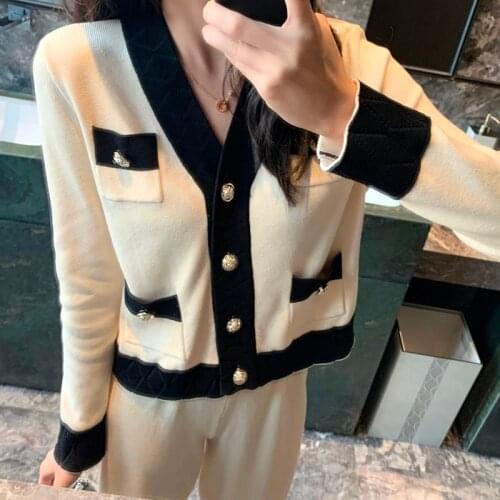 Womens Spring Casual Knitting Suits elegant V Neck Long-sleeve Loose Knitted Sweater Crop Top Wide-leg Ankle-length Pants TZ47