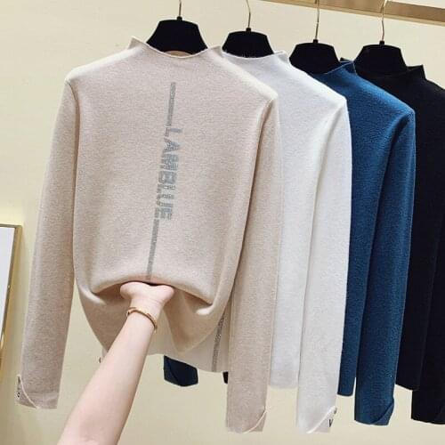 Diamond Letter Embroidery Woman Autumn Winter Pullover 2021 Rhinestone Long Sleeve Button Sweater Half High Collar White Jumpers