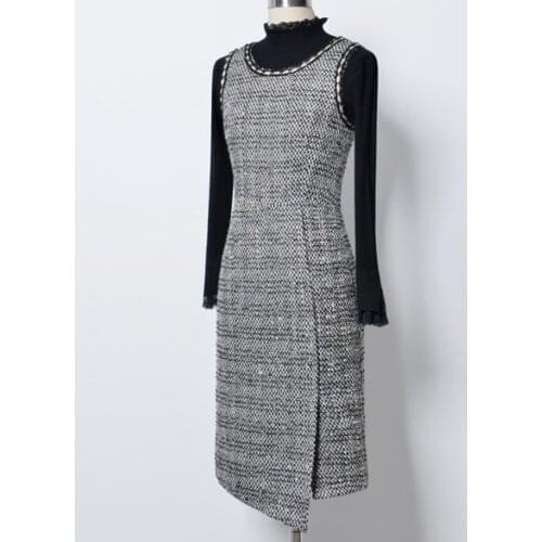 French style vintage small fragrance woolen vest dress women autumn winter sleevless slim a-line plus size