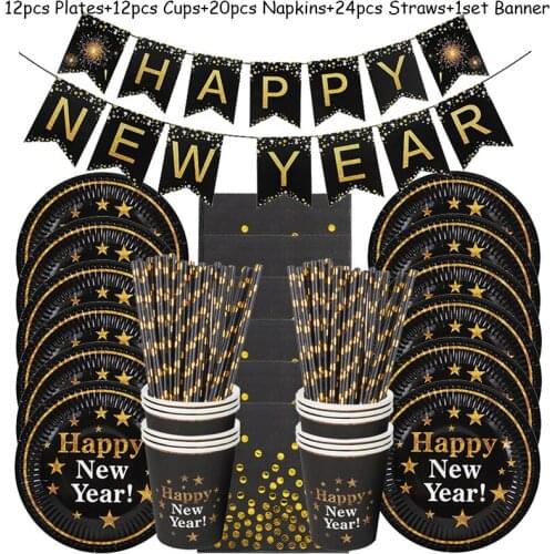 69pcs/set happy new year paper cups plates banner for 2021 new year party supplies new year eve Christmas decor for home 2021