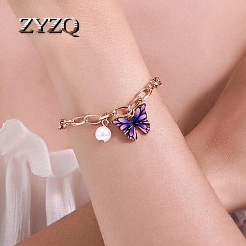 ZYZQ Ins Dream Color Butterfly Bracelet Summer Creative Temperament Artificial Pearl Thick Chain Bracelet