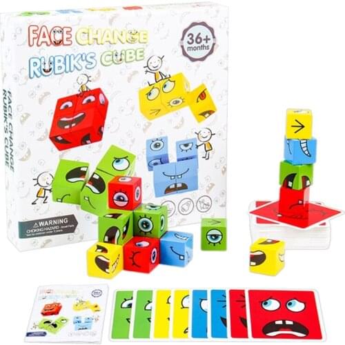 Wooden Expression Puzzles Building Block Magic Face Changing Kids Educational Toys Logical Thinking Gift