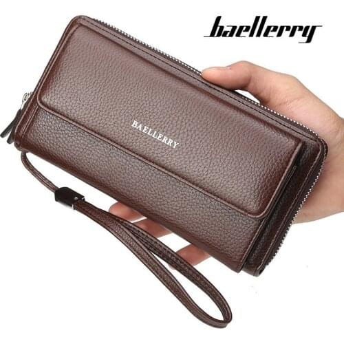 Baellerry Business Men Long Wallet PU Leather Large Pure FRID Cards Holder Zipper Clutch Wallet Male Coin Purse Wrist Hand Bag