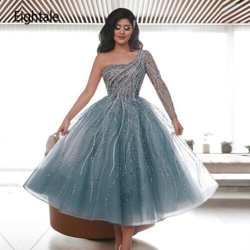 Elegant Blue Prom Dresses One Shoulder Beaded A-Line Long Sleeves Arabic Evening Party Gown Celebrity dress for Graduation