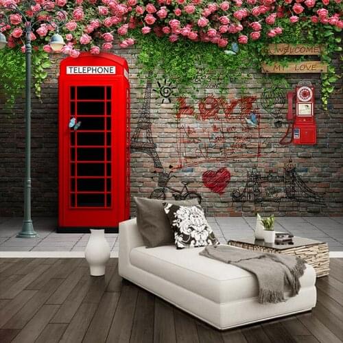Custom Photo Wallpaper Modern London Telephone Booth Rose 3D Wall Murals Cafe Restaurant Living Room Backdrop Wall Papers Decor