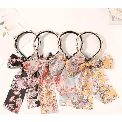 Korean Hair Hoop Super Fairy Ribbon Streamer Sen Sweet Pearl Printing Bow Tie Headband Fringed Headband Hair Accessories Women