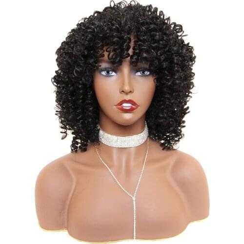 Short Black Brown Blonde Kinky Curly Wigs for Black Women Fluffy Wavy Synthetic Afro Curly Hair Wig with Bangs for Daily Wear