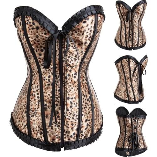 Corzzet Victorian Ruffles Brown Leopard Overbust Corset Burlesque Gothic Clothing Cospaly Waist slimming Corpetes E Espartilhos