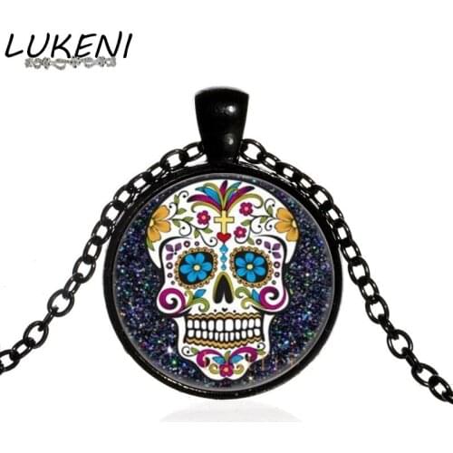 Mexican sugar skull pendant day of the dead necklace black chain sugar skeleton glass jewelry necklace classic XL152