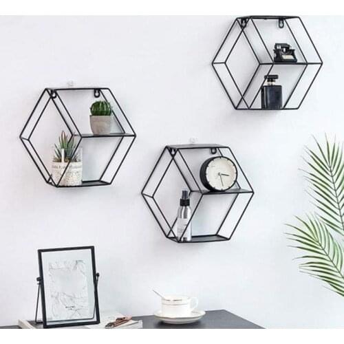 Wall Mounted Floating Shelf Geometry Metal Wire Hexagon Storage Display Shelves Living Room Decorative Wall Shelf