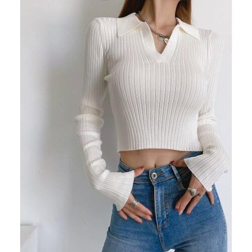 Autumn Retro Lapel Knitted Long-sleeved T-shirt Womens V-neck Slim Short Cropped Sweater Blouse