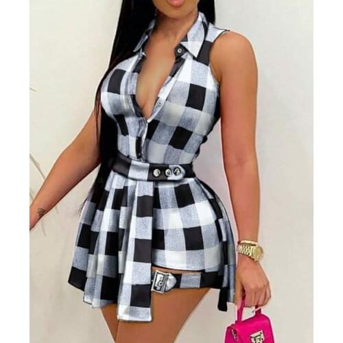 Echoine Sleeveless Plaid Print Shorts Dress Sexy Elegant Irregular Button Pleated Dresses