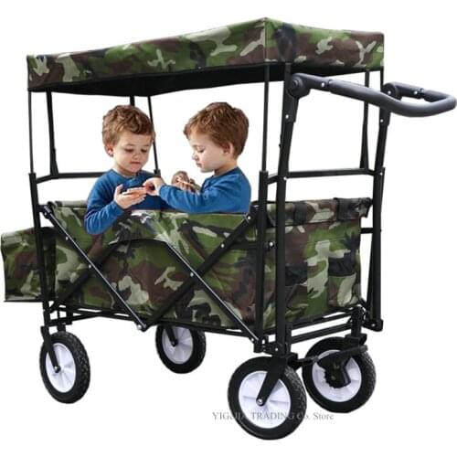 Outdoor Camping Cart with Adjustable Handle Bar, Utility Picnic Wagon Have Sun/Rain Shade, Fold Trolley