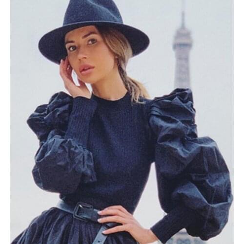 Made in China Women Ladies Puff Sleeve Tops Pullover Sweater Blouse Loose Jumper Ribbed Shirt