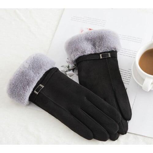 Warm Gloves Ladies Winter Suede Gloves Winter Outdoor Riding Touch Screen Plus Velvet Padded Gloves
