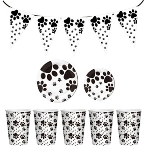 Dog Party Decoration Pet Birthday Party Supplies Dogs Paw Print Balloon Banner Family Party Disposable Tableware Straw
