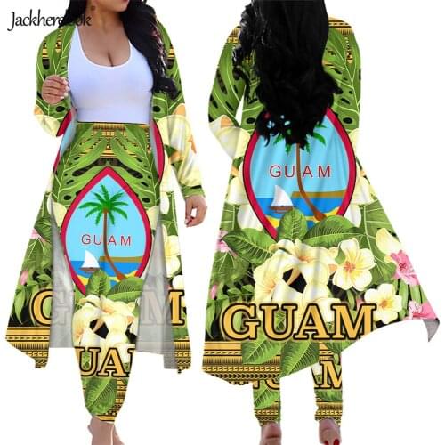 Jackherelook Spring Autumn Long Sleeve Open Front Cardigan Guam Polynesian Tribal Hibiscus Bodycon High Waisted Long Pants Set