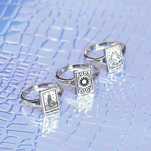 Vintage Rectangular Carved Mermaid Ring For Women Silver Color Sun Moon Solitaire Adjustable Rings Men Tarot Card Anillos B118