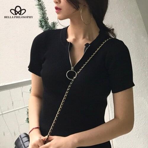 Bella Philosophy Summer Korean Style Women Temperament All-match Zipper Short Sleeve shirts Harajuku Casual Women Ring