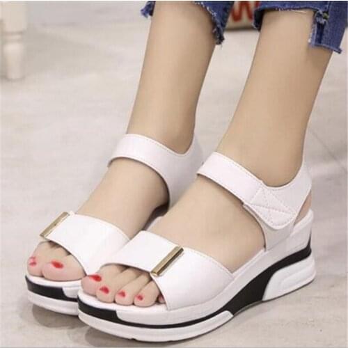 Women sandals PU Slip On 6CM Wedges High heels Round Toe Shallow women shoes sandalias mujer 2020 size 35-42 black white