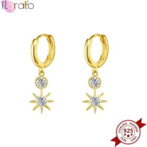 925 Sterling Silver Sun Star Hanging Huggie Hoop Earrings For Women Shine Crystal Circle Earrings Simple Korean Jewelry