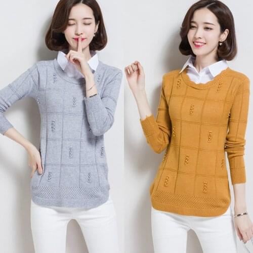 Autumn Winter Knitted Sweater Women Fashion Shirt Collar Fake Two Pieces Medium Length Pullovers Sweater Female Tops W1844
