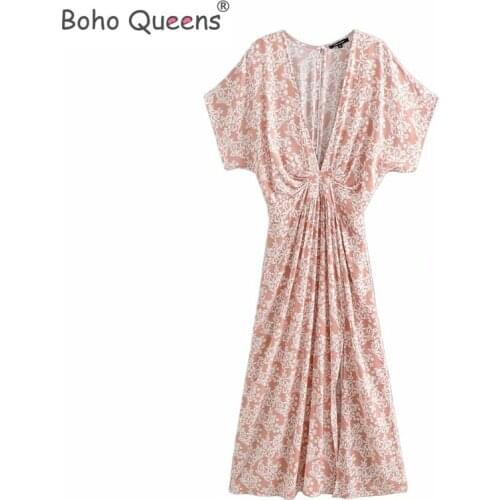 Boho Queens women pink Floral print Split beach Bohemian maxi dresses Ladies deep V neck rayon Boho dress robe vestidos