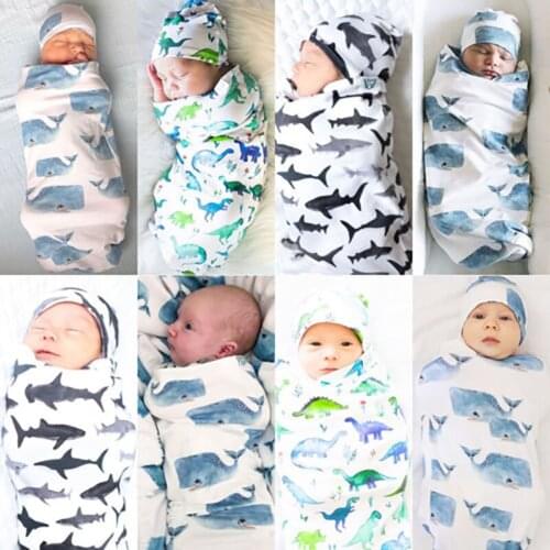 0-3 Months Newborn Baby Receiving Blankets Cotton Swaddle Blanket Cartoon Whale Shark Seal Print Cute Sleeping Bag Hat 2pcs Set