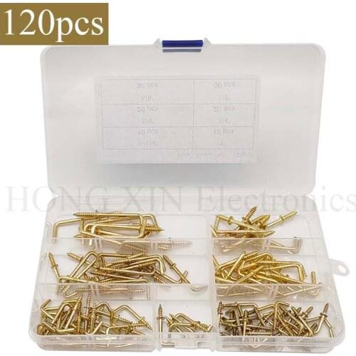 120Pcs 6 Sizes Gold Brass Plated Metal Screw-in Square Bend Hooks Kit Gold Square Bend Hooks Self-Tapping Screws Hooks