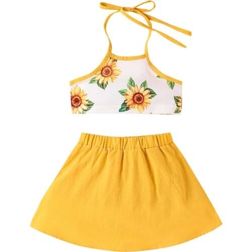 2021-04-27 Lioraitiin 2Pcs Set 1-6Y Toddler Baby Girl Summer Clothing Set Sleeveless Sunflower Printed Vest Top Solid Skirts