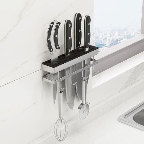304 Stainless Steel Nail Free Wall Mounted Knife Holder with 4 Hooks Kitchen Utensil Storage Rack Gadgets Organizer Container