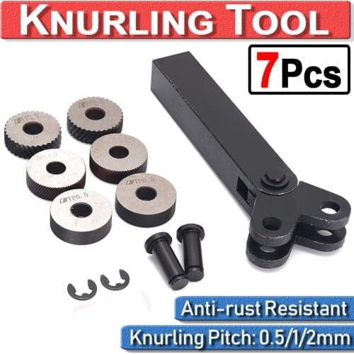 7pcs Steel Knurling Tool Diagonal Dual Wheel Coarse Linear Knurl Holder Set 0.5mm 1mm 2mm Pitch Lathe Knurling and Wheels D30