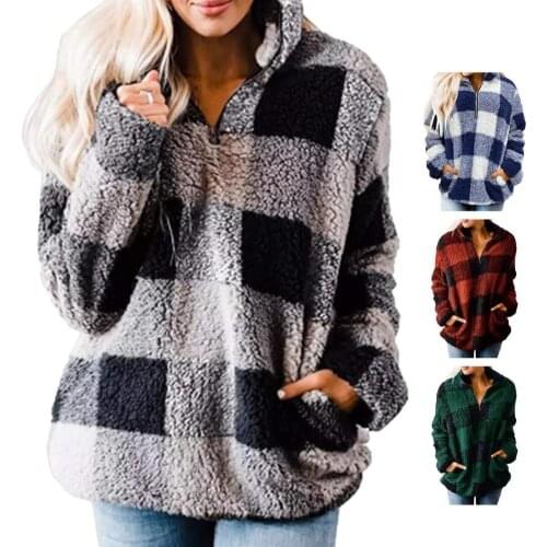 80% HOT SALES！！！Women Loose Plaid Long Sleeve Pockets Fleece Thicken Sweatshirt Pullover Jacket