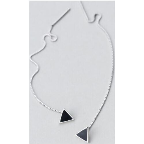 Authentic 925 Sterling Silver Jewelry Black Enamel Triangle Geometric Through Threader Long Earrings Piercing C-E5568