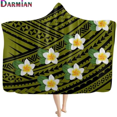 DARMIAN Polynesian Tribal Plumeria Print Pattern Soft Warm Wearable Hooded Fleece Blanket for Kid Adult Sofa Throw Blanket manta