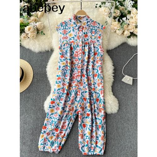 Design Vintage Print Jumpsuits Autumn Turn Down Collar Sleeveless Rompers Korean Chic Streetwear Wide Leg Rompers