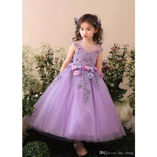 Jewel Ankel Length A Line Cute Flower Girl Dresses 3D Flowers Applique Purple Kids Formal Wear