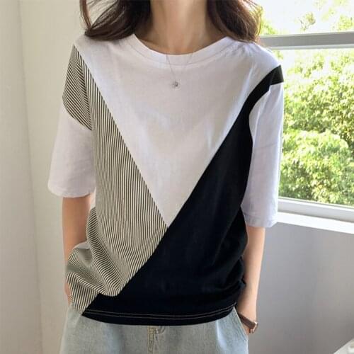New Fashion Summer T Shirts Women Patchwork Cotton Casual Short Sleeve T-Shirt Female O Neck Slim Thin Loose Simple Tops Femme