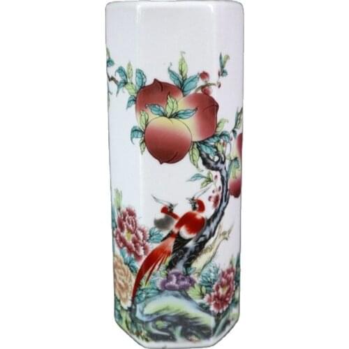 China Old Porcelain Pastel Longevity Pattern Hexagonal Pen Holder