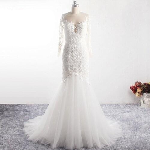 LZ361 Luxury Heavy Bead Long Sleeve Wedding Dress Love Pattern Backless Lattice Lace Pearls Mermaid Dress