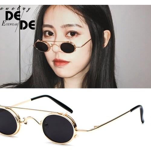 Small oval sunglasses women retro vintage 2019 metal frame silver gold black punk clip on sun glasses for men gift
