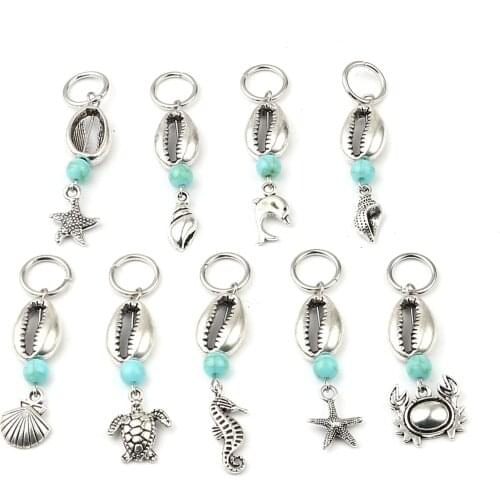 10 PCs Vintage Acrylic Ocean Cyan Conch Sea Snail Shell Jewelry Knitting Stitch Markers Antique Silver Color For Kintting Tools