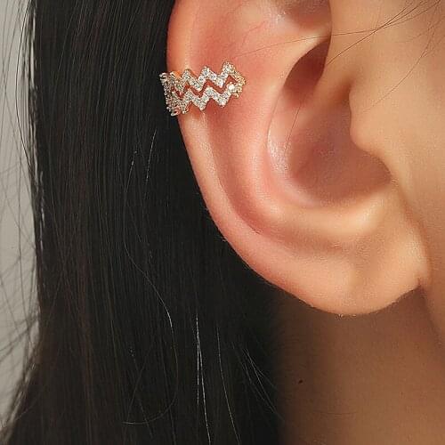 Trendy Rhinestone Zircon Wave Fake Pierced Earrings for Women Ladies Gold Silver Color Ear Cuffs Clip Earcuffs Jewelry Gifts