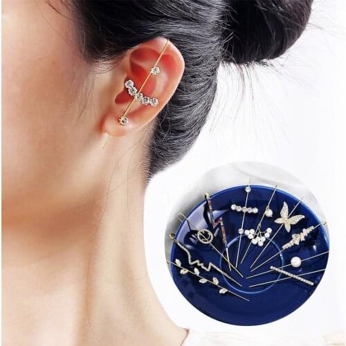 Modyle Fashioncrystal Pearl Ear Cuffs Leaf Clip Earrings for Women Climbers No Piercing Fake Cartilage Earring Accessories Gift