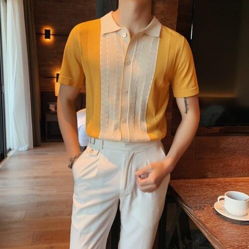 High Quality Summer Short Sleeve Shirt Men Clothing 2021 Fashion Contrast Color Slim Fit Casual Knitted Tee Shirts Homme