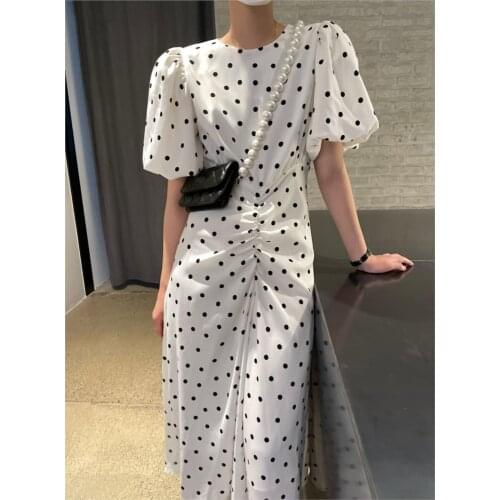 New 2021 Women Summer High Waist Polka Dot Puff Sleeve Korean Elegant Sweet Lady Long Dresses