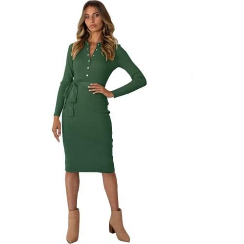 Solid Knitted Dress Women Turn-Down Collar Full Sleeve Slim Sweater Dresses Women 21 Autumn Elegant Knitwear Female CX2083