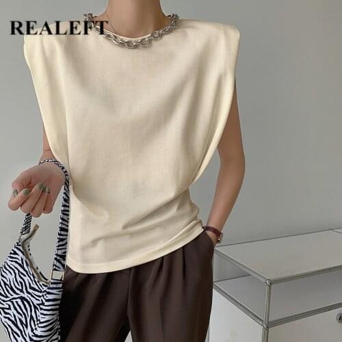 REALEFT 2021 New Summer Cotton Womens Tank Elegant Solid O-Neck Padded Shoulder Office Shirts Female Chic Loose Tops Tees