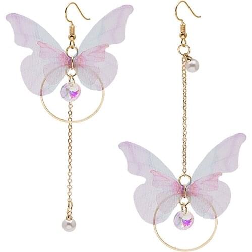 Korean Retro Asymmetric Butterfly Imitation Pearl Earrings Fashion Round Flower Brincos Long Statement Wings Earrings Jewelry