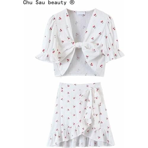 Vintage sweet girl cherry print two-piece suits sexy knotted puff sleeve shirts crop tops high waist slimming ruffled mini skirt